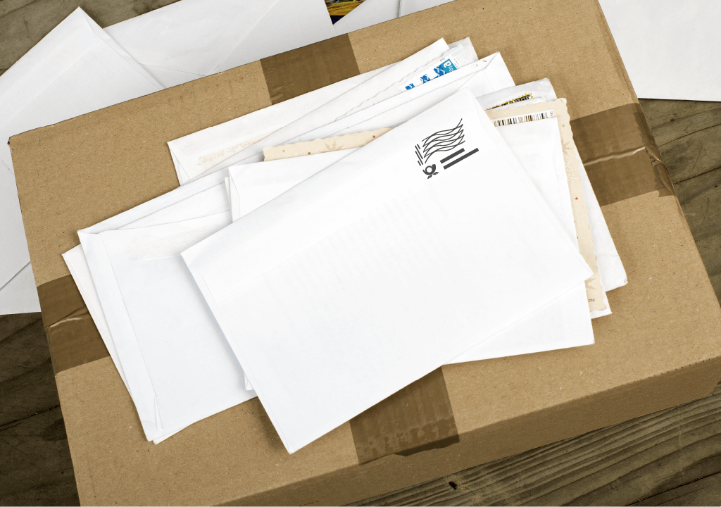 Ein Brief mit Frankierwelle zuoberst auf einem Stapel Postsendungen.